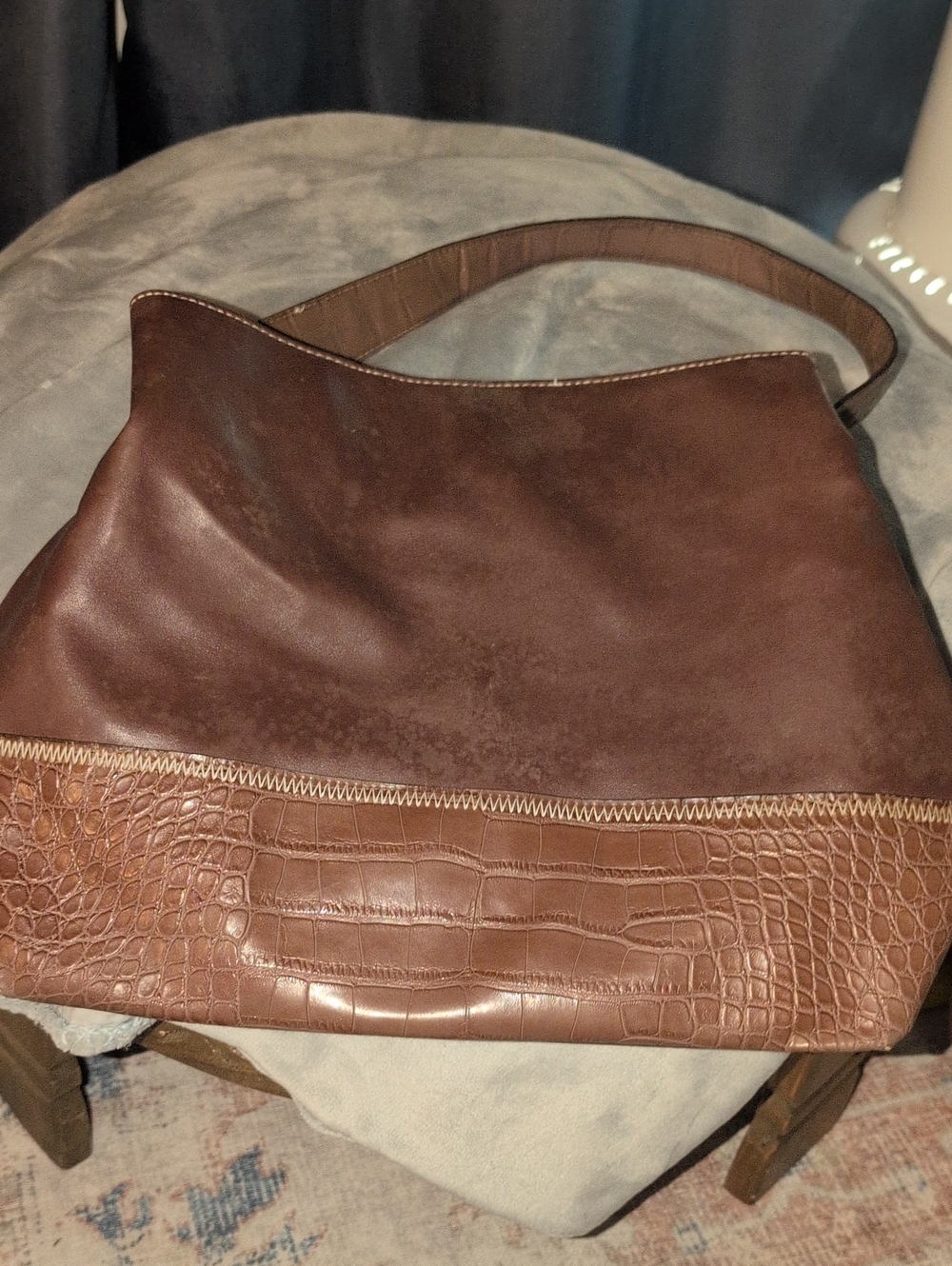 Tommy Hilfiger Brown Leather Shoulder Bag with Croc-Embossed Trim